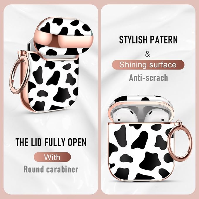 Maxjoy for AirPods 2nd Generation Case, Unique Design Hard Protective Shockproof Airpods Case Cover with Keychain Compatible with Apple AirPods 1st and 2nd Charging Case, Black White Cow