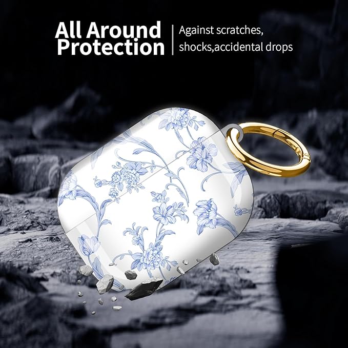 Compatible with AirPod Pro 3 (2025),Cute Case Cover for Women & Men, Full Protection Shockproof Hard Case with Keychain, Wireless Charging Case Accessories(Blue Flowers)