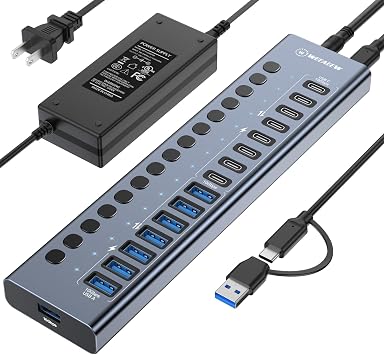 Powered USB 3.2 Hub, 16 Port USB Hub with 10Gbps Data Speed, 8 USB-A & 8 USB-C Ports, 96W Power Adapter for PC, Laptop, Printer, Camera