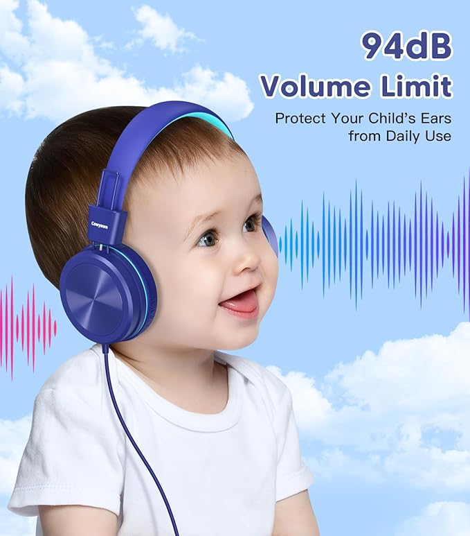 Kids Headphones, Toddler Headphones with Safe Volume Limiter 94dB, Wired School Headphones for Kid, 3.5mm Adjustable On-Ear Headphone for Boys/Girls/Children/Teens/iPad/Computer, Dark Blue