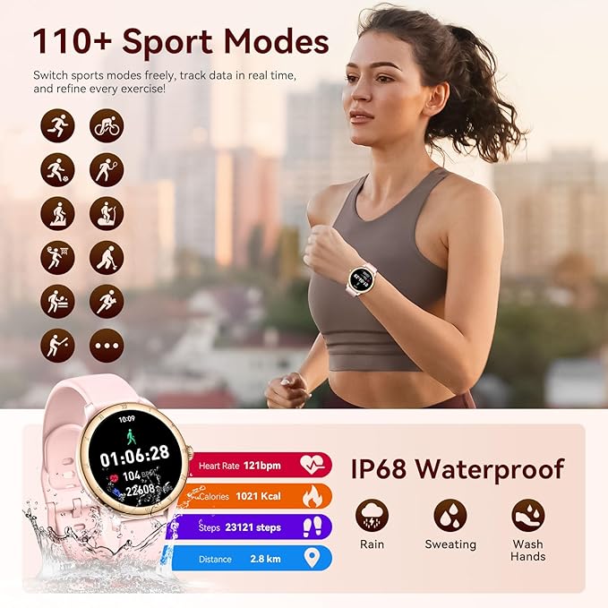 Smart Watch for Women, 1.27" HD Fitness Tracker (Answer/Make Calls) with 110+ Sport Modes/Heart Rate/Sleep Monitor, IP68 Waterproof Fitness Watch for iPhone Android, Best Gifts for Girl Yrs 15-25