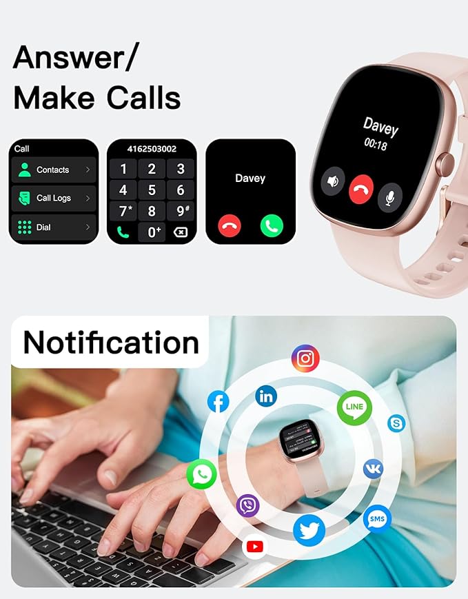 Fitness Trackers for Women with Bluetooth Call 24/7 Heart Rate & Blood Oxygen Monitor Sleep Tracker, Steps Counter Stopwatch/Timer/Alarm Clock, Waterproof Pedometer Watch for Walking Running Pink