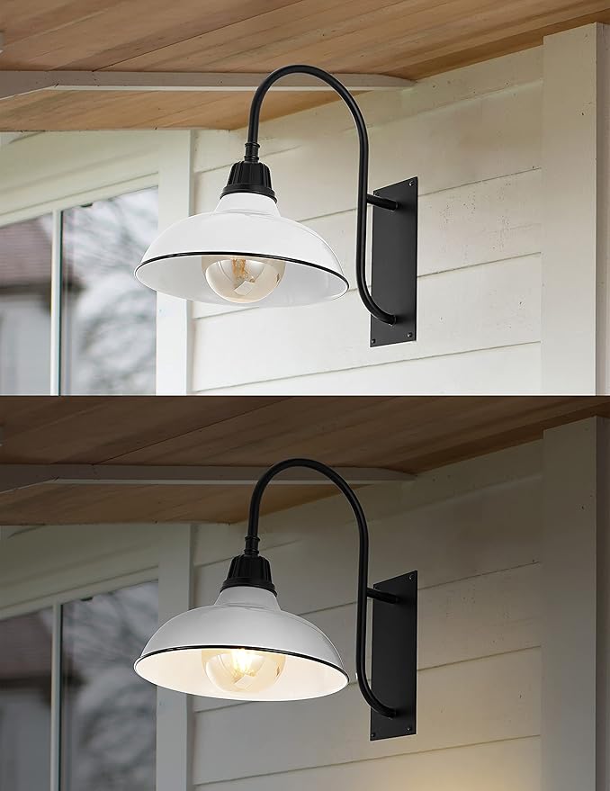 JONATHAN Y JYL7614A Stanley 12.25" 1-Light Farmhouse Industrial Indoor/Outdoor Iron LED Gooseneck Arm Outdoor Sconce Metal Bowl Shade Vintage Cottage Rustic Porch Patio Yard Barn, White