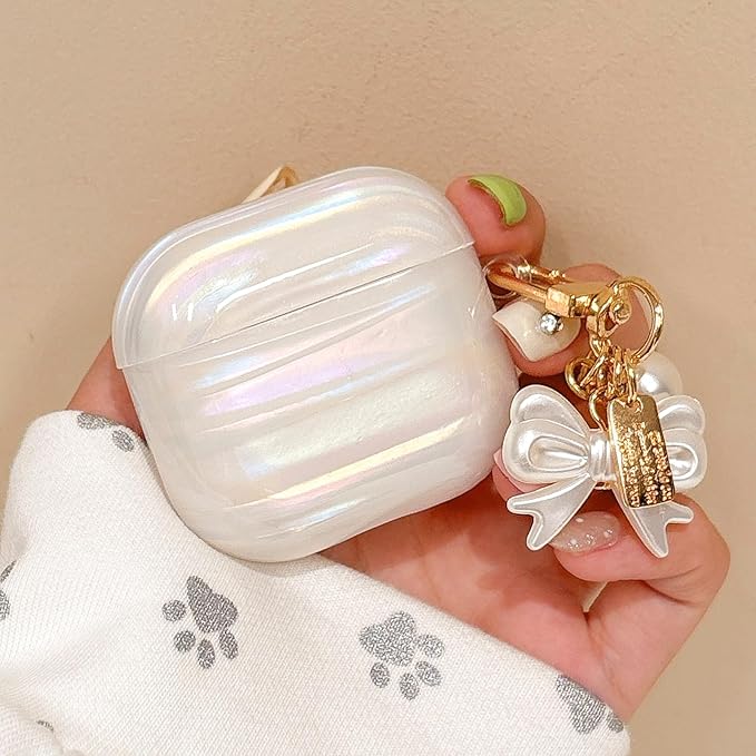 for Airpod 4 Case Cute Luxury Glitter Pearl Shell Protective Cover with Bowknot Keychain Compatible with AirPods 4th Generation Case 2024 for Girls Women (Bow Colorful)