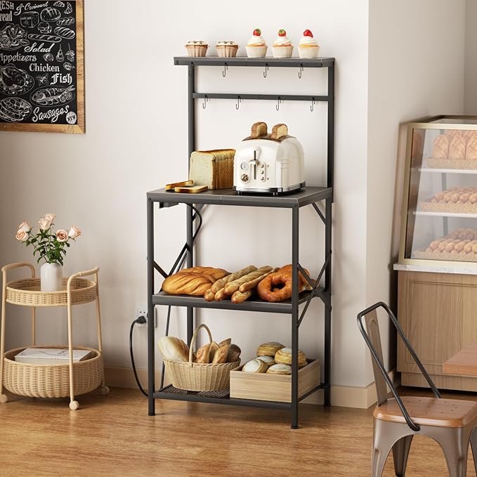 Kitchen Bakers Rack with Power Outlet, Small Coffee Bar Cart 4 Tiers, Microwave Stand with 8 Hooks, Adjustable Shelf, Freestanding Kitchen Appliance Stand, Black Oak