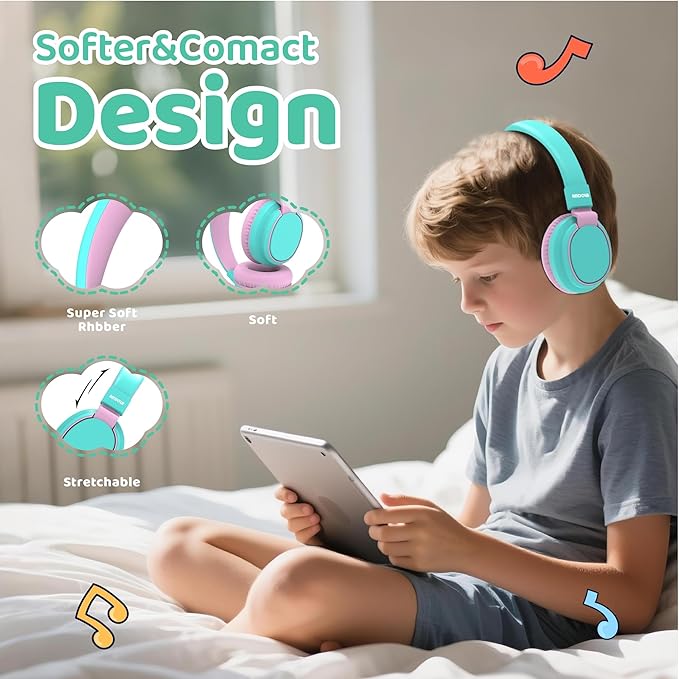 MIDOLA Kids Headphones Wireless Bluetooth 5.4 68H Play Time Volume Limit 85/94dB Over-Ear Foldable Headset,Type-C Fast Charging,with Wired Aux Mic for Toddler Boy Girl Pad Tablet Cyan