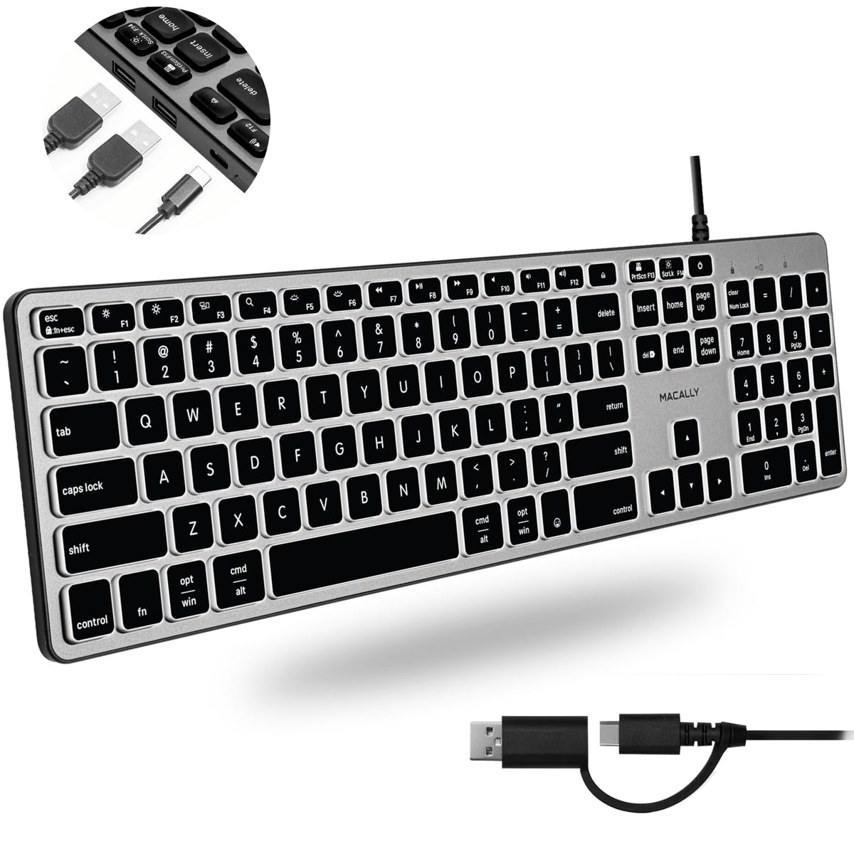 Macally Wired Keyboard for Mac with USB Hub (2X USB-A / 1x USB-C) - Compatible Backlit Apple Keyboard with Dual Interface - Auto OS Detection for Mac, MacBook Pro/Air, iMac, PC, Android, iPad, iOS - Image 1
