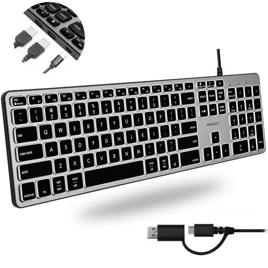Macally Wired Keyboard for Mac with USB Hub (2X USB-A / 1x USB-C)