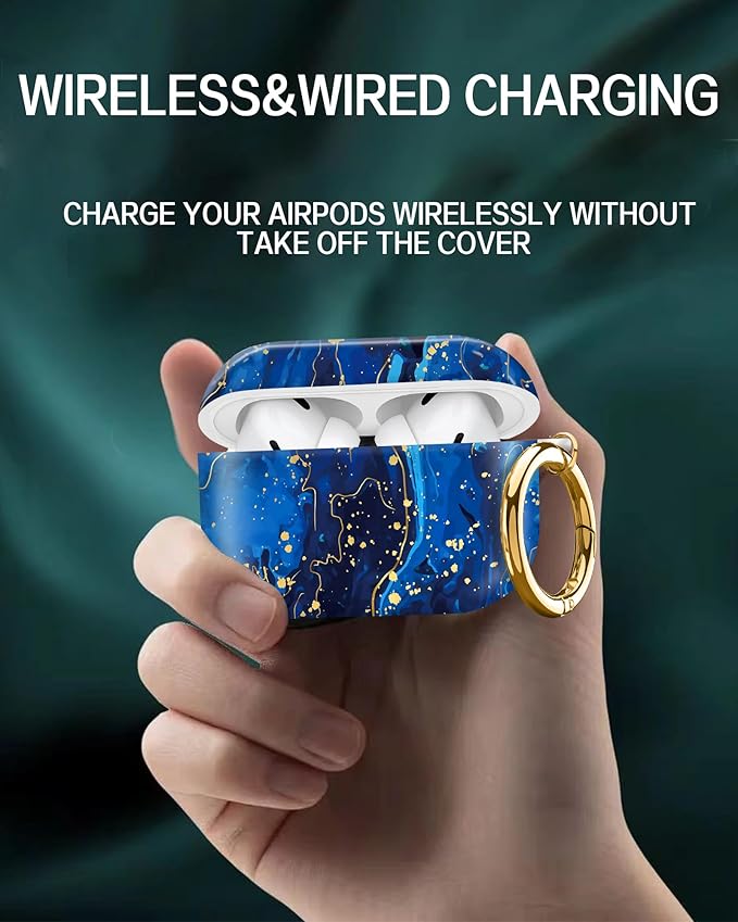 Cute Hard Case Compatible with AirPods Pro 2nd/1st Generation, Protective Cover with Golden Keychain, Fits 2023/2022/2019 Models, for Women, Girls, and Men(Cute Blue Flower