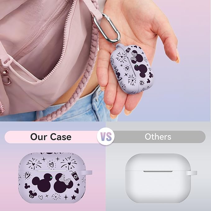 Compatible with Airpods Pro 2nd/1st Generation Case Cover with Keychain, Women Men Soft Silicone Two-Tone Cute Cartoon Engraved Convenience Protective Case, Front LED Visible Lavender/Purple