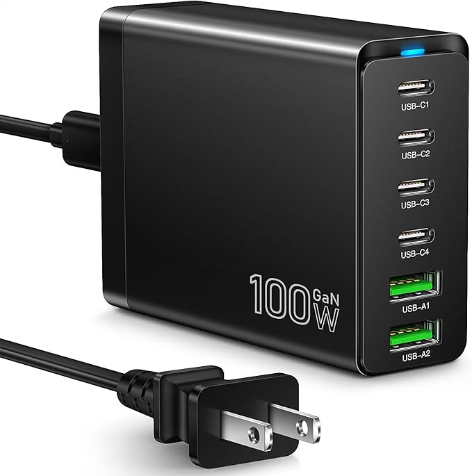 Fast USB C Charging Station, Total 100W 6-Port Charger Block with 4 USB-C and 2 USB-A Ports Quick 3.0 Adapter Work for iPhone 16 15 14 13 Pro Max, iPad, Galaxy, Pixel Portable Multiport Hub (Black)
