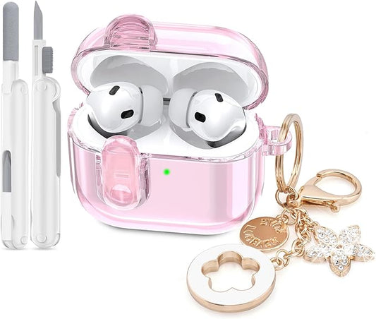 Case for Apple Airpods iPods Pro 3 Cases Cover Clear 2025 Cute Women, VISOOM Cute Air Pods Pro3 Case Clear Transparent Airpods iPods Pro 3rd Gen Protective Cases with Keychain/Lock/Cleaning Kit-Pink