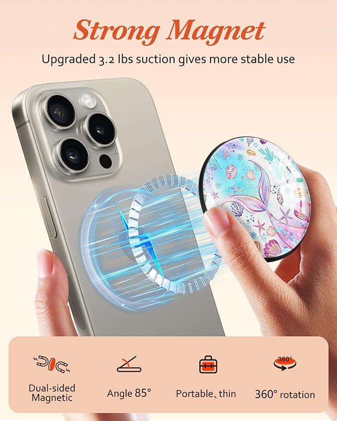 Kidcube Magnetic Phone Grip Compatible with Magsafe - Cell Phone Grip Stand Magnetic Ring Holder Finger Kickstand for iPhone 17 16 15 14 13 12 Series Magnet Removable Accessories Cute Girly Fish Tail
