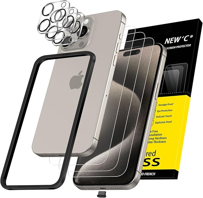 NEW'C 3x for iPhone 15 Pro Max Screen Protector (6.7 inches)+ 3x Camera Lens Protector, Sensor Protection, Case Friendly Tempered Glass Film +Dust Plug- Easy installation tool include