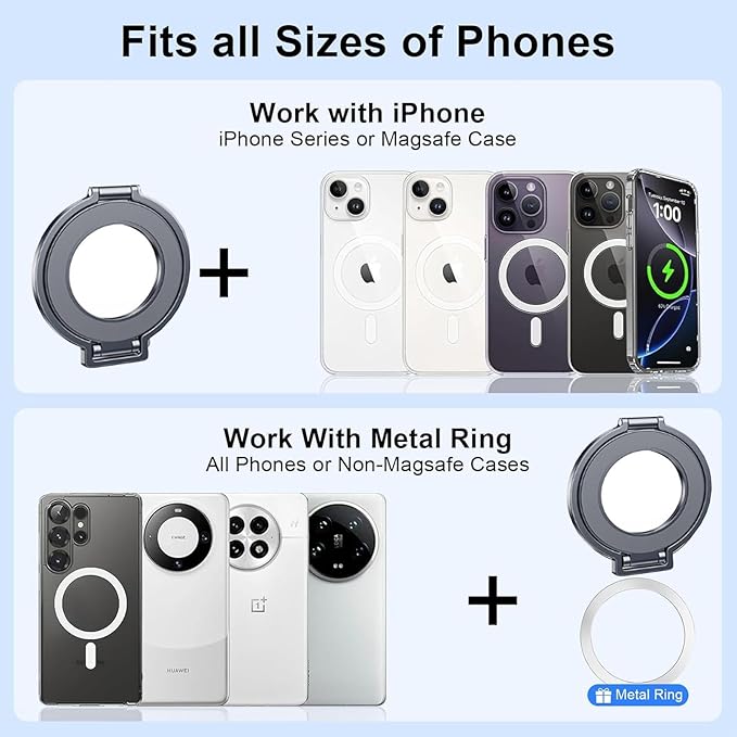 Magnetic Phone Ring Holder, Foldable 2 in 1 Ring and Kickstand Adjustable Phone Stand for Desk, Portable Cellphone Grip for iPhone 16/15/14/13/12 Series and Other Phones