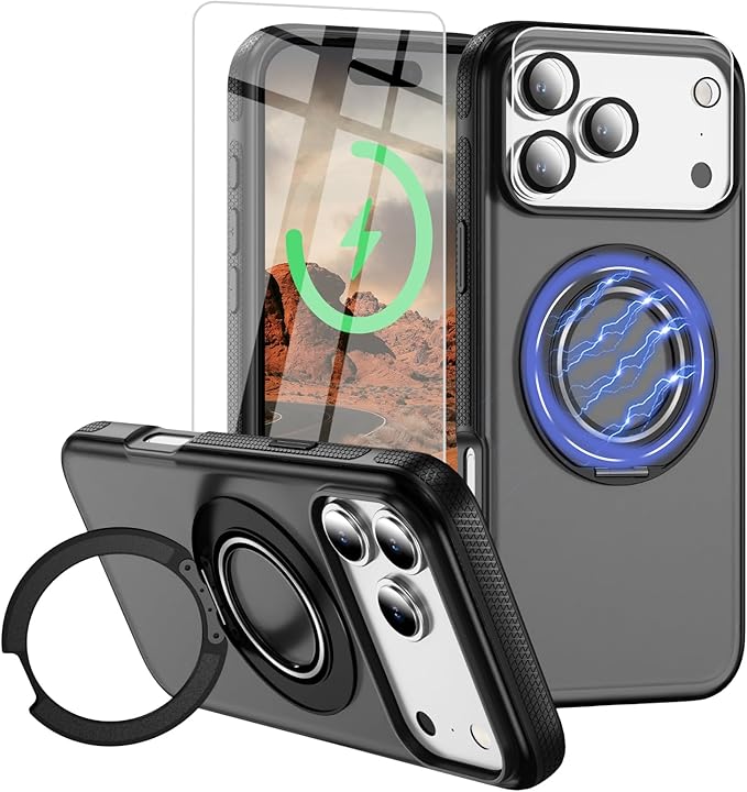 for iPhone 17 Pro Max Case [Compatible with Magsafe] [15 FT Military Grade Drop Protection] with Screen Protector & Lens Protector,Shockproof Kickstand Phone Case for iPhone 17 Pro Max (Black)