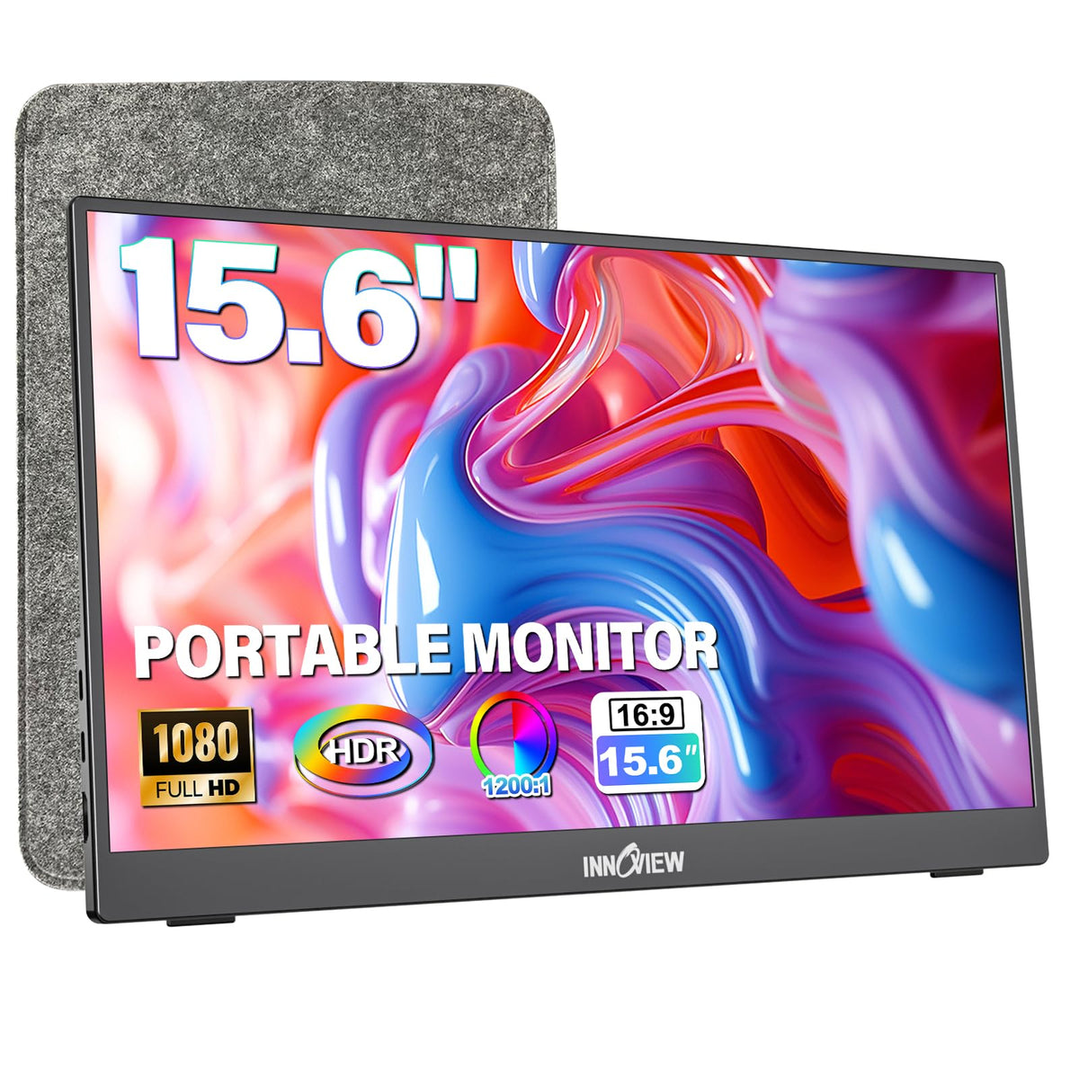 InnoView Portable Monitor 15.6" 1080P for Laptop with Protective Sleeve, Built-in 90° Adjustable Stand USB C HDMI Ultra-Slim Portable Laptop Monitor for MacBook Phone PS Xbox Switc