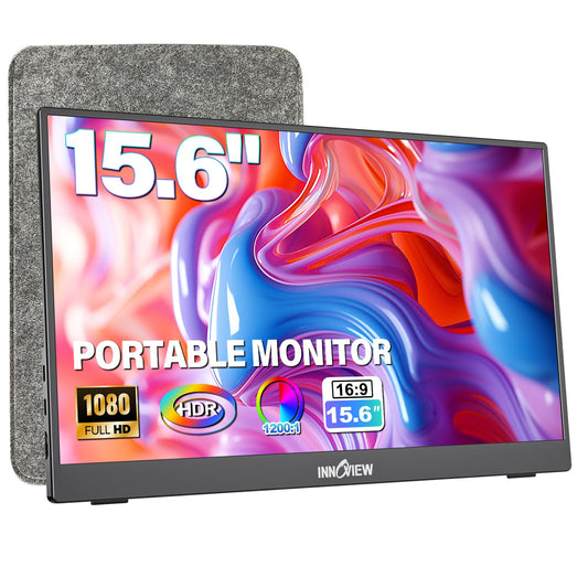 InnoView Portable Monitor 15.6" 1080P for Laptop with Protective Sleeve, Built-in 90° Adjustable Stand USB C HDMI Ultra-Slim Portable Laptop Monitor for MacBook Phone PS Xbox Switc