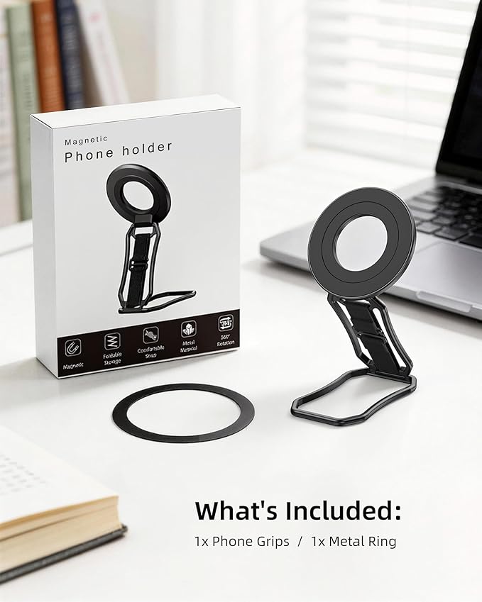 4-in-1 Magnetic Phone Grip Mount Stand with Finger Loop, Phone Ring Holder, Strap, Kickstand for MagSafe - Compatible with iPhone 17, 16, 15, 14, 13, 12, Plus, Pro, Max, Air