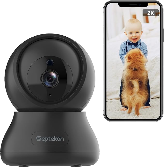 Septekon 2K Home Security Cameras for Baby Monitor, 360° Pet Indoor Camera, 2.4GHz WiFi with Night Vision, Motion Detection, Cloud & SD Card Storage, Compatible with Alexa, Black