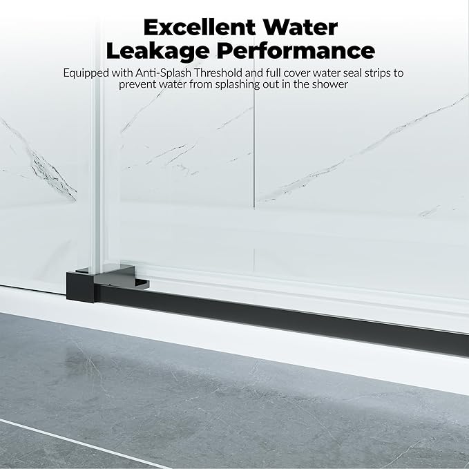 Glass Shower Door 56–60 inch W× 76 inch H, Sliding Frameless Shower Door with Round Stainless Steel Rail and 55mm Rollers, 6mm Tempered Glass, Matte Black, Stylish Bathtub and Shower Enclosure