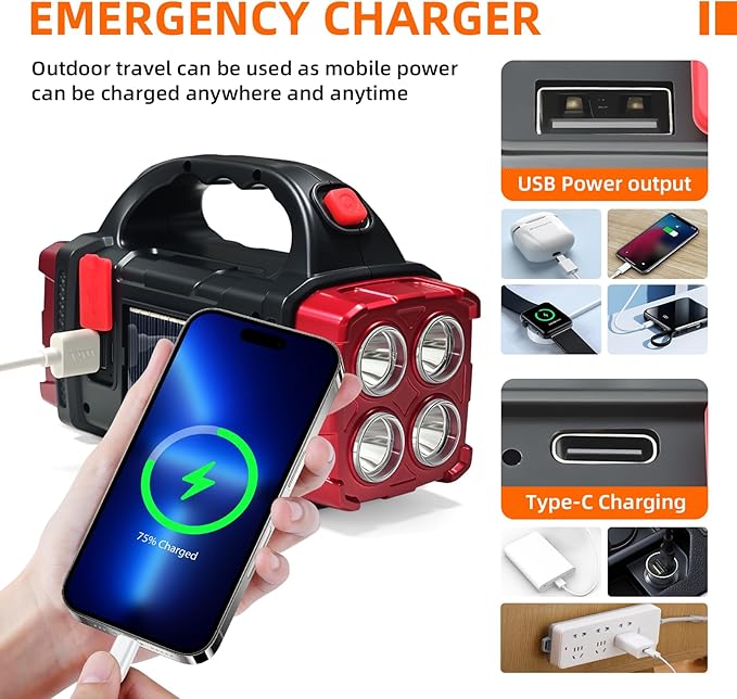 Versatile Solar Flashlight with Dual Charging Modes | 4 Light Modes USB/Solar Powered| Portable Emergency Charger & Outdoor Camping Light (Red)