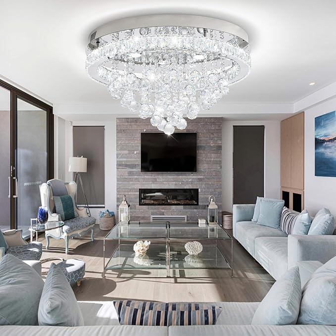Dia 24" Modern Crystal Chandeliers for Dining Room,Silver Raindrop Chandelier Flush Mount Chandeliers for Living Room Bedrooms Dining Room Dimmable 2700k 4500k 6000k