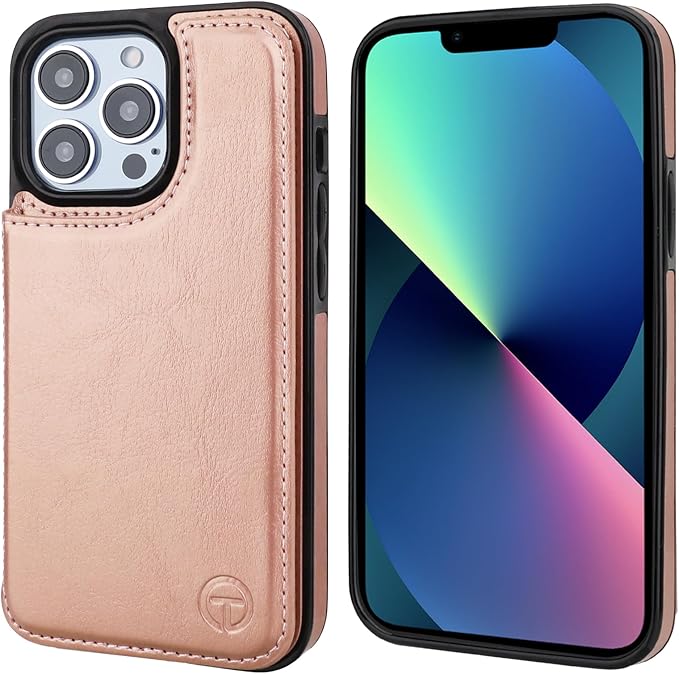 ONETOP Compatible with Magsafe for iPhone 13 Pro Wallet Case with Card Holder, PU Leather Kickstand RFID Blocking Case, Double Magnetic Clasp and Durable Shockproof Cover 6.1 Inch (Rose Gold)