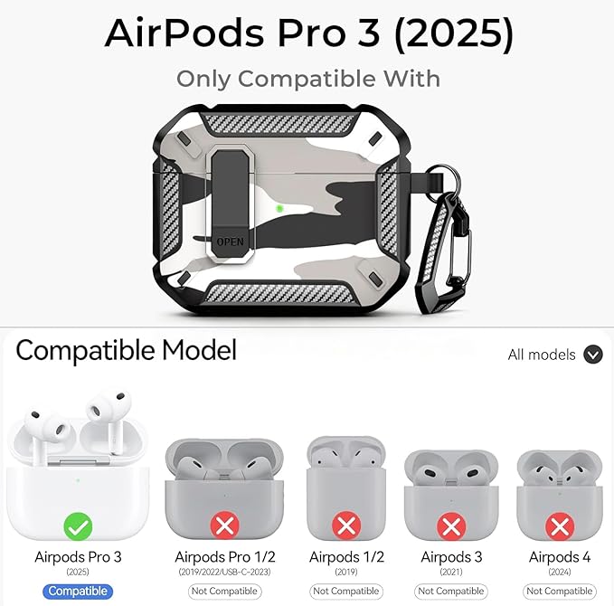 for AirPods Pro 3 Case, Secure Lock Cases Cover with Carabiner Compatible with Airpods Pro 3rd Generation Case, Full Body Shockproof Protective AirPod Case for Men Women (Snow Camo)