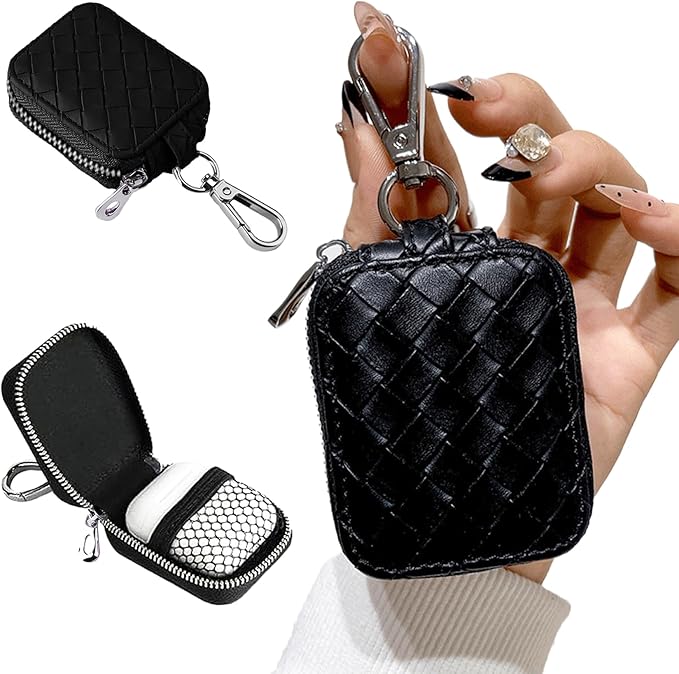 Earbud Case, Headphone Storage Case for AirPods 4/1/2/3/Pro 2, Leather Plaid Zipper Carrying Pouch Earbuds Bag with Keychain for Wireless Earphones, Wired Headphone & USB Cable Lattice Black