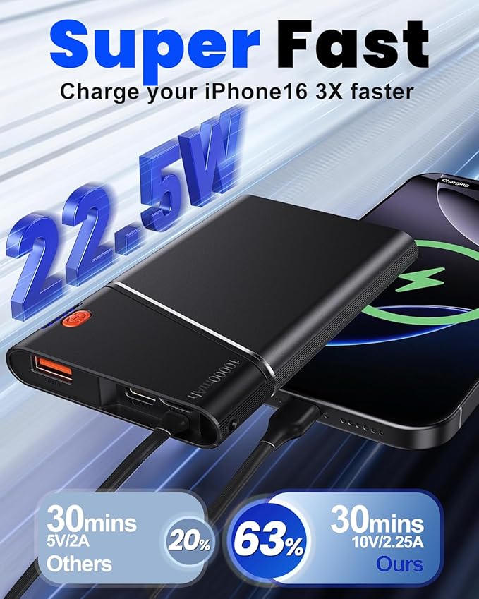 Portable Charger Power Bank, 10000mAh 22.5W PD Fast Charging Powerbank with Built-in USB C Cable, Slim External Phone Battery Pack for iPhone 17/16/15 Samsung S24 Android etc (Grey)