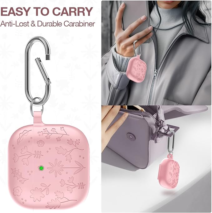 Compatible with AirPods 4th Generation Case Cover with Cleaner Kit, Flower Engraved Silicone Shockproof Protective Skin Cover for AirPods 4 Case 2024 with Keychain, Pink