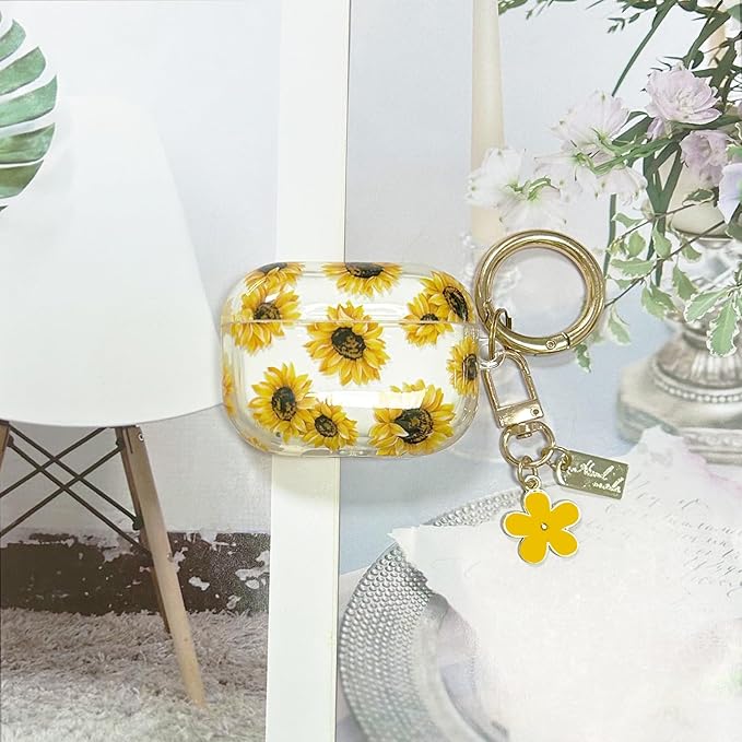 Compatible with AirPods Pro 2 Case Cover 2022, Soft TPU with Cute Flower Pattern for AirPods Pro 2nd/1st Generation Case with Flower Keychain and Carabiner for Girls Women (Yellow)