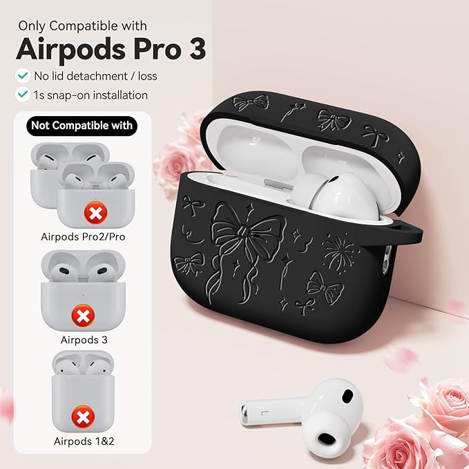 for Airpods Pro 3 Case Cover, Joremx Cute Bow Engraved Silicone Protective Case Cover with Keychain, Cleaner Kit for Airpods Pro 3rd Generation (2025) (Black)
