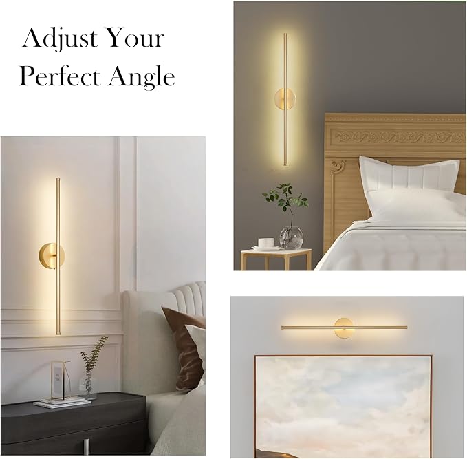 Battery Operated Wall Sconces Set of Two, with Remote Control, Dimmable, Warm White/Natural White/Daylight/RGB, 350°Rotate, LED Gold Wireless Wall Light for Living Room, Bedroom, 28.3 Inch
