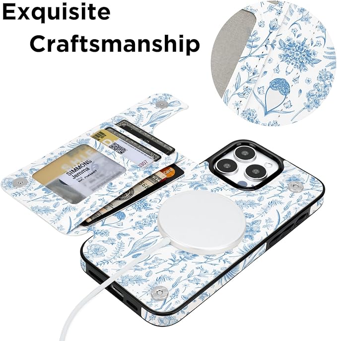 uCOLOR for iPhone 14 Pro Max 6.7" Wallet Case Magsafe with Card Holder Slot【Compatible with MagSafe】 Folio Flip PU Leather Double Magnetic RFID Design (Blue Toile Flowers)