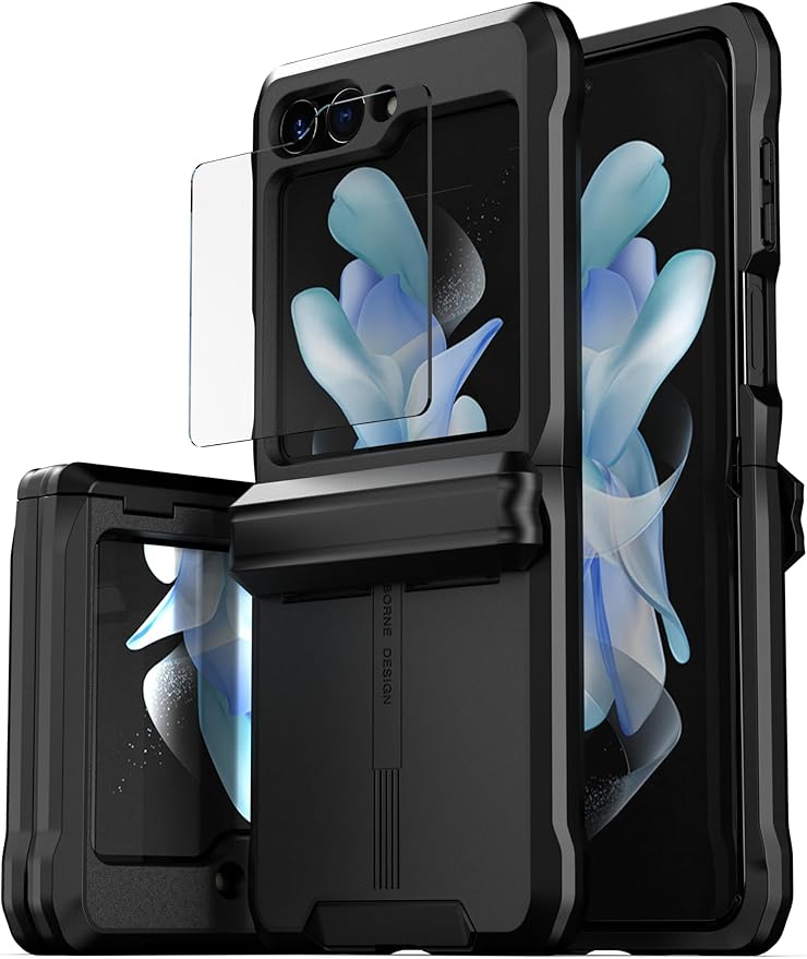 CaseBorne V Compatible with Samsung Galaxy Z Flip 5 Case - Rugged Protective Case with Semi-Auto Hinge Cover and Tempered Glass Screen Protector, [Made of Recycled Materials]