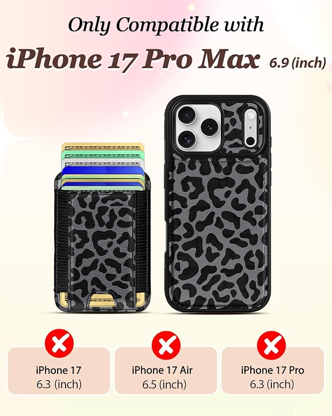 Shorogyt for iPhone 17 Pro Max Case Wallet - Fits 5 Cards, Compatible with Magsafe Detachable Magnetic Credit Card Holder Leather Cardholder Cute Phone Cover Women Girls for Apple 17 ProMax, Leopard