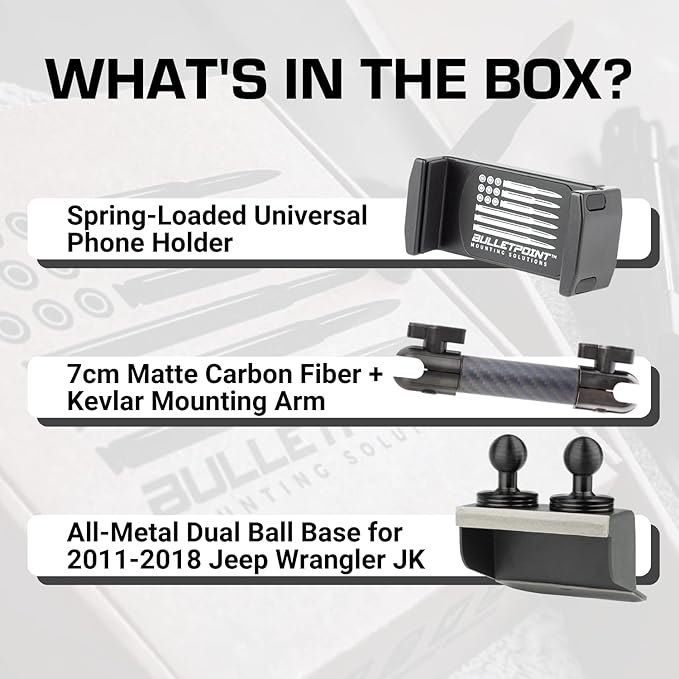 Bulletpoint Metal Dash Mount Cell Phone Holder & Action Camera Mount Compatible with 2011??018 Jeep Wrangler JK (Dual 20mm Ball Base)