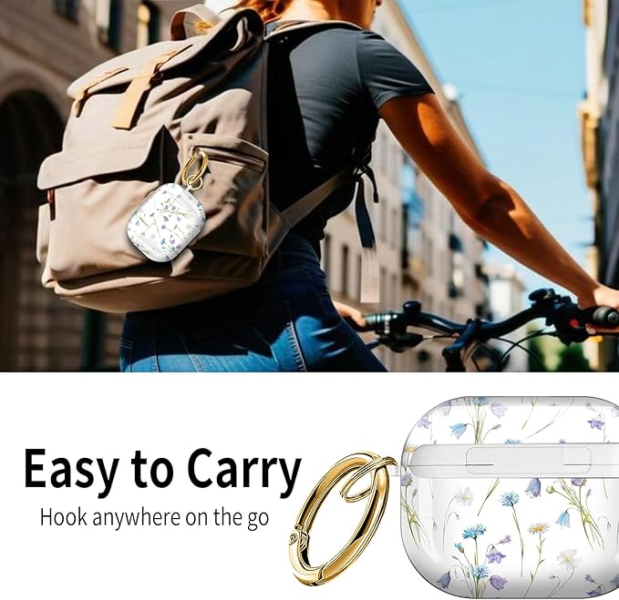 Cute Hard Case Compatible with AirPods Pro 3rd Generation Case (2025), Shockproof Protective Cover with Golden Keychain Ring Clip (Small Purple Flower)