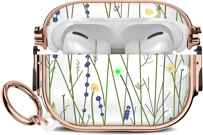 Maxjoy for Cute Airpods Pro 2 case with Safety Lock,Compatible Airpods Pro Case 2nd/1st Gen,Compatible Green Flower Stem AirPods Case Cover for Women Girly with Keychain-Transparent