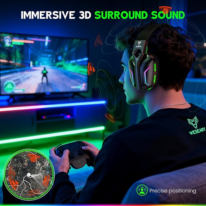 Wireless Gaming Headset for Xbox Series X|S, Xbox One, PS5, PS4, PC, Mac, Switch, 2.4GHz + Bluetooth Gaming Headphones with ENC Mic for Game Boy Color Accessories, 3D Stereo, LED Lights