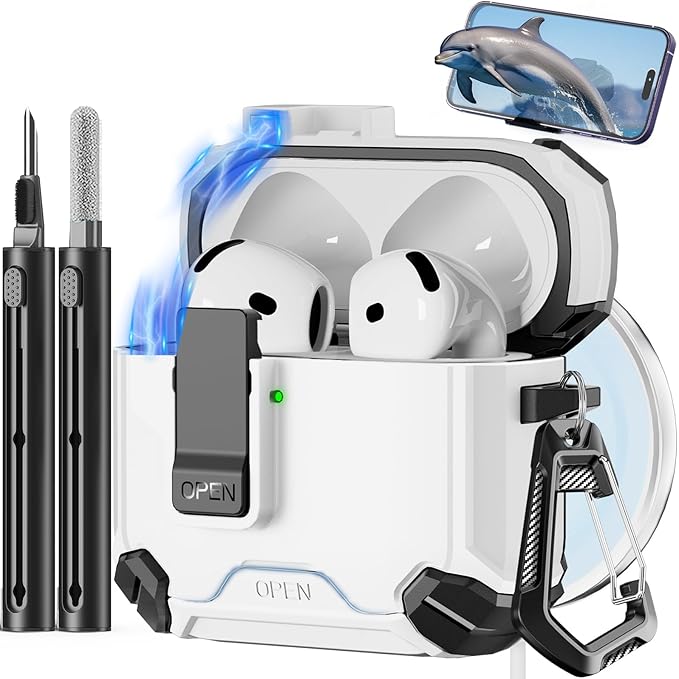 Compatible with AirPods 4 Case,Magnetic Automatic Lock with Phone Stand & Cleaning Kit,Compatible with Magsafe Cover -White