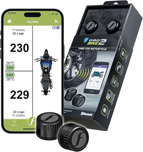 FOBO Bike 2 TPMS (Black) - Wireless Tire Pressure Monitoring System with Bluetooth 5.0 | Real-Time Tire Pressure Sensor | Easy DIY Installation for Motorcycle | Compatible with iOS & Android