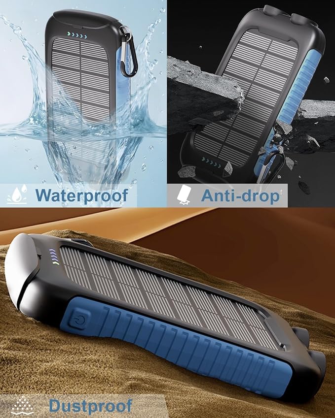 Solar Power Bank Portable Charger 15W Fast Charging with USB-A and USB-C Ports Battery Bank Compatible with iPhone, Samsung, Waterproof, Emergency LED Flashlights for Camping, Hiking, Blue