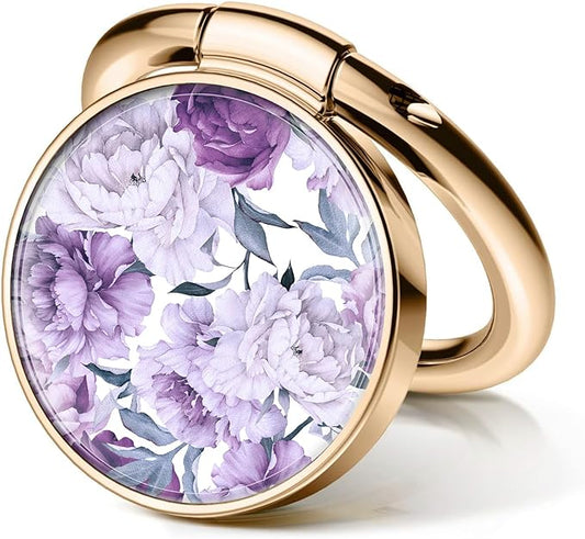 Cell Phone Ring Holder, Cute Metal Phone Grip Stand Finger Ring Kickstand, Flexible 360°Rotation Phone Tablet Case Accessories Compatible with Most Phones Luxury Purple Flowers