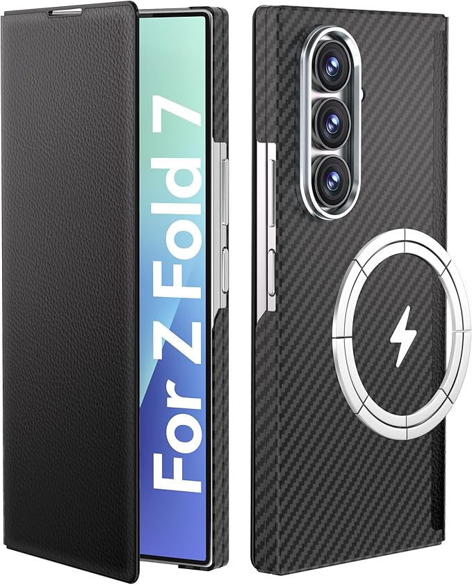 for Samsung Galaxy Z Fold 7 Leather Case, Carbon Fiber Magnetic Phone Case, Ultra-Slim Lightweight Protective Cover with Hinge Protection, MagSafe Compatible, Caseless Touch Feel