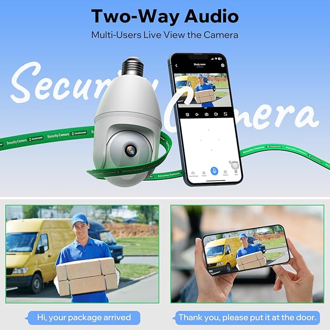 Camcamp 5GHz Light Bulb Security Camera Outdoor Waterproof,Light Socket Security Camera Outdoor, Wireless Bulb Camera,Full Color Night Vision, TwoWay Dialogue,Motion Tracking