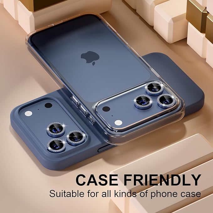 Misea Compatible for iPhone 17 Pro/iPhone 17 Pro Max Camera Lens Protector Bling, 9H Tempered Glass Camera Cover Screen Protector Metal Individual Ring Decoration Accessories, Blue Diamond