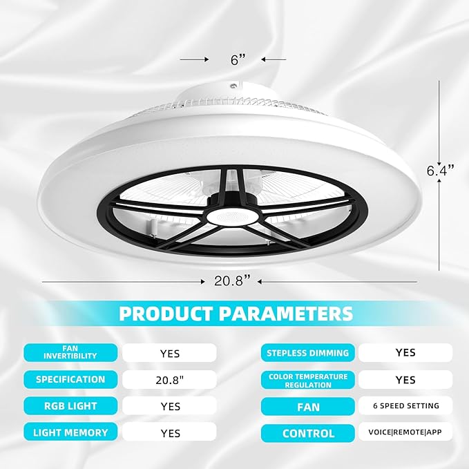 BAYSQUIRREL WiFi Low Profile Ceiling Fan with Light,Bluetooth Speaker Ceiling Fan 20In Smart Bladeless Ceiling Fans with Alexa/Google Assistant/App Control,6 Speed Dimmable LED-RGB Lights